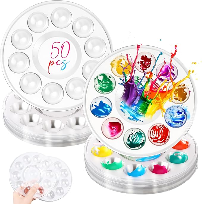50 Pcs Paint Tray Palettes 5.5 in Clear Disposable Round Plastic Paint Palette Watercolor Craft Supplies for Art Class, Halloween Painting Party, DIY Craft, Birthday Party