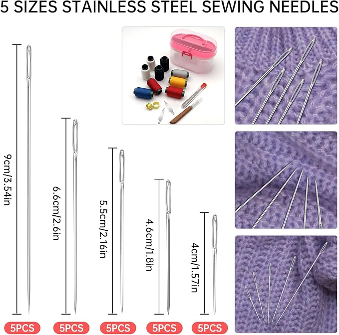 40piece Stainless Steel Needles for Hand Sewing,Big Eye Steel Sewing Needles Kit,Stainless Steel Sewing Needle Kit with Thread Ripper, Needle Threaders,Threads,Thimbles and Sewing Box