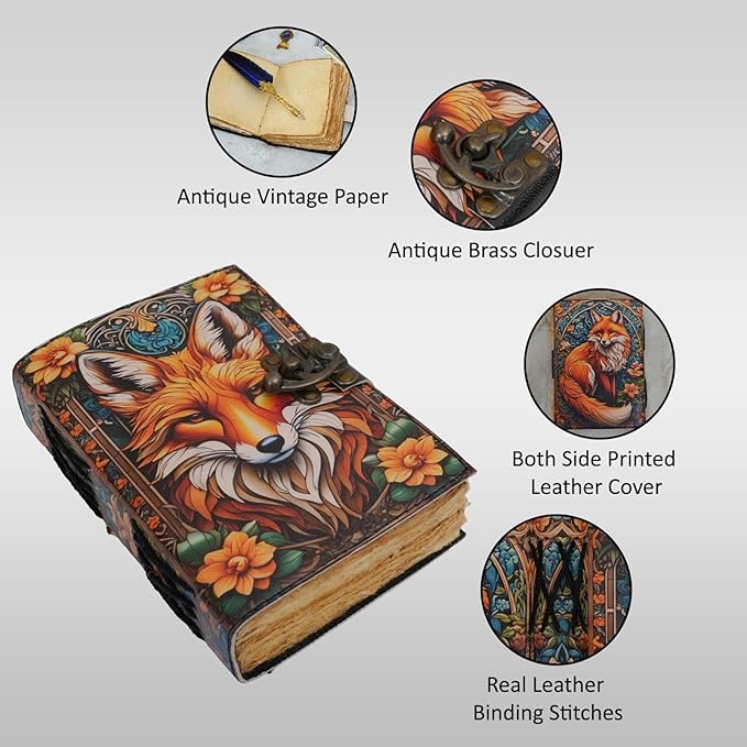 Book of Shadows Fox Print Grimoire Journal Witchcraft Supplies Witch Spell for Men & Women 200 Pages with Lock Clasp Vintage Handmade Deckle Edge Paper, Leather Sketchbook, Gifts