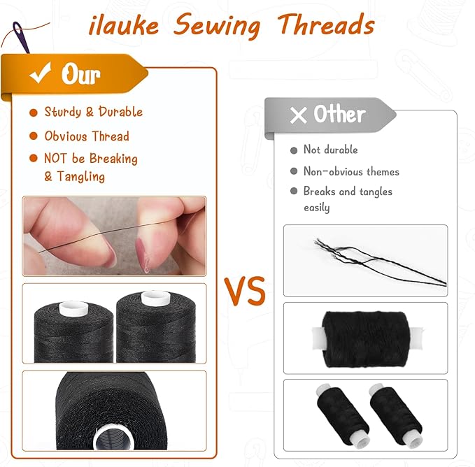 ilauke 2 Black Sewing Thread - Spools of 1000 Yard Black Polyester,All Purpose Thread for Hand Quilting and Sewing Machine,Hand Stitching,Embroidery
