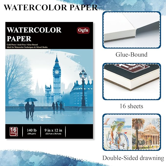 Watercolor Paper Pad, Watercolor Pad 9x12”, 300 GSM/ 140 lb Water Color Paper, 16 Sheets Cold Press - Painting, Drawing & Art Supplies for Adults & Kids, Watercolor Sketchbook for Wet & Dry Media.