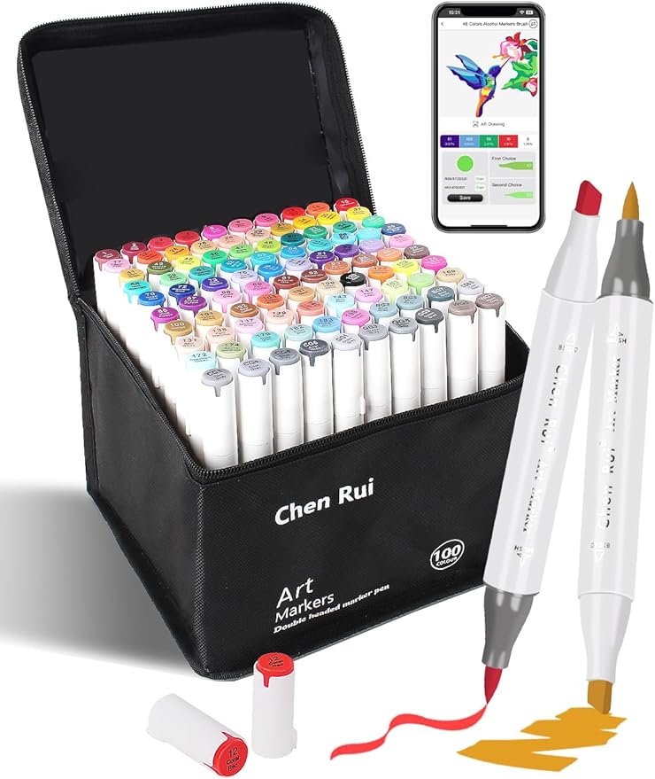 YHC 100 Alcohol Brush Marker with Free App, Chen Rui Dual Tips Art Markers for Adults, Alcohol Based Brush & Chisel Tips Markers for Drawing, Coloring, Painting, Sketching