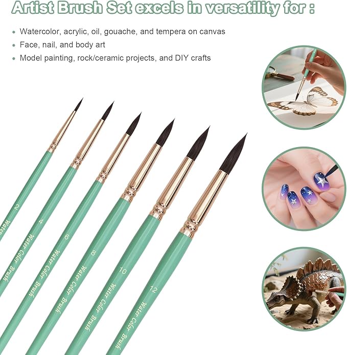 Round Pointed Tip Paint Brushes Set, 6 Pcs Artist Paint Brushes for Acrylic Oil Watercolor Gouache Painting, Inks