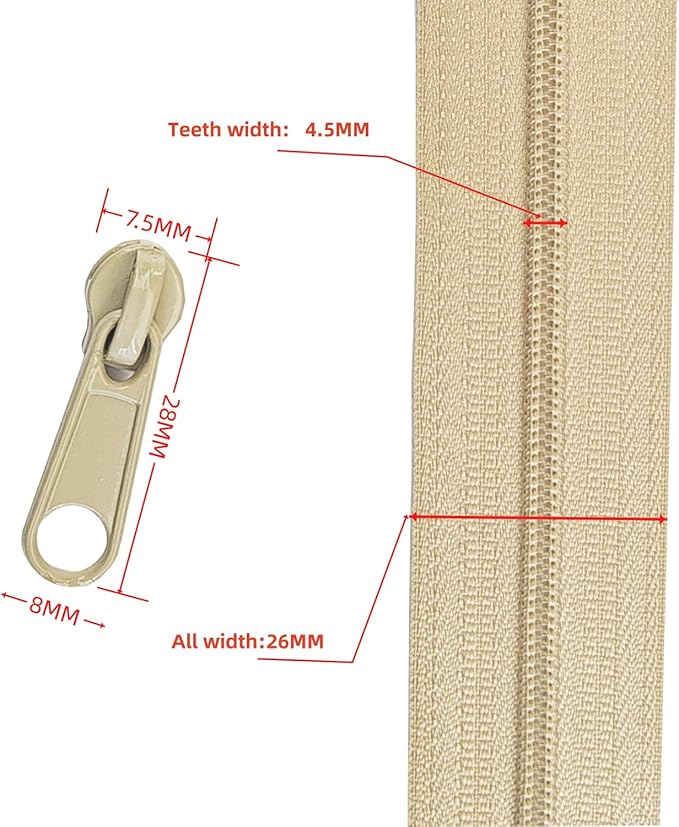 MebuZip #3 Nylon Coil Zippers by The Yard Bulk Zipper Roll Zipper Tape 10 Yards with 25pcs Pulls for Sewing Tailor DIY Craft Bags Pillows (Beige 10Yards)