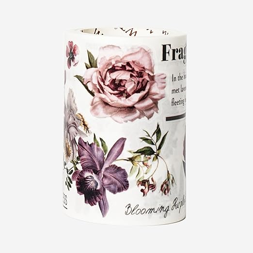 WT Pre-Cut Violet Veil Wide Washi Tape, Single Roll, Soft Lilac Florals & Misty Backgrounds with Script, Decorative Japanese Paper for Journaling, Scrapbooking, Planner, DIY Crafts, 65mm x 5m