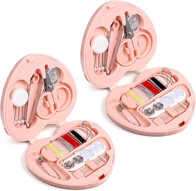 2 Pack Heart-shaped Mini Travel Sewing Kit, Folding DIY Sewing Set, Portable Pocket Sewing Supplies with Needles, Threads, Buttons, Scissors, Buttons for Women, Mom, Traveler, Adults, Beginner, Pink
