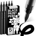 ARTISTRO 5 Black Paint Pen for Glass Marking, Rock Painting, Ceramic, Wood, Tire, Fabric, Metal, Canvas - Set of 5 Acrylic Paint Markers Water-based - Brush Tip with Automatic Ink Control System