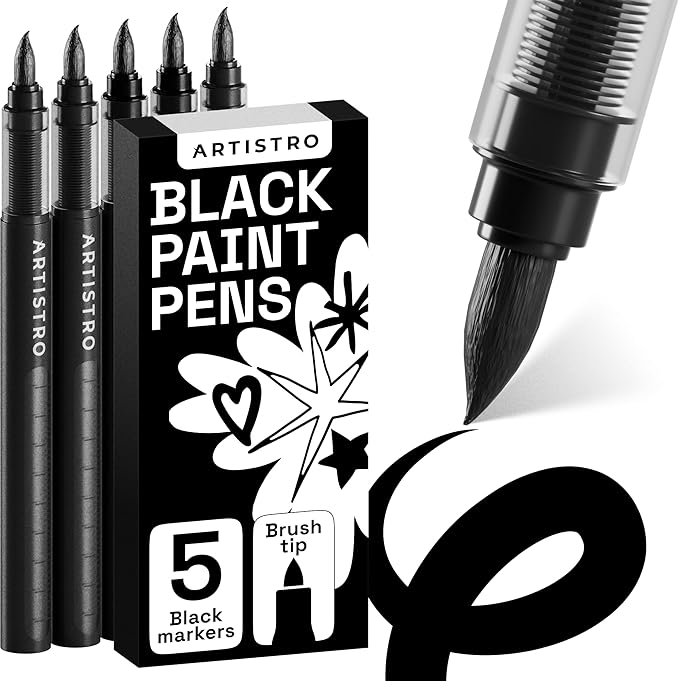 ARTISTRO 5 Black Paint Pen for Glass Marking, Rock Painting, Ceramic, Wood, Tire, Fabric, Metal, Canvas - Set of 5 Acrylic Paint Markers Water-based - Brush Tip with Automatic Ink Control System