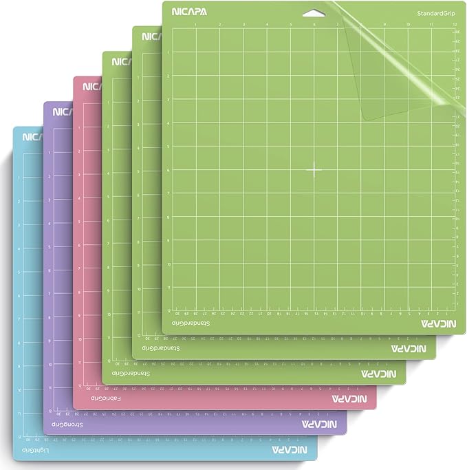 Nicapa Replacement Cutting Mat(12x12 inch）for Cricut Maker /3/Explore 3/Air /2/One (6pack-3xStandardgrip、Lightgrip、Stronggrip、Fabrigrip) Adhesive&Sticky Non-Slip Flexible Square Gridded Cut Mats Set
