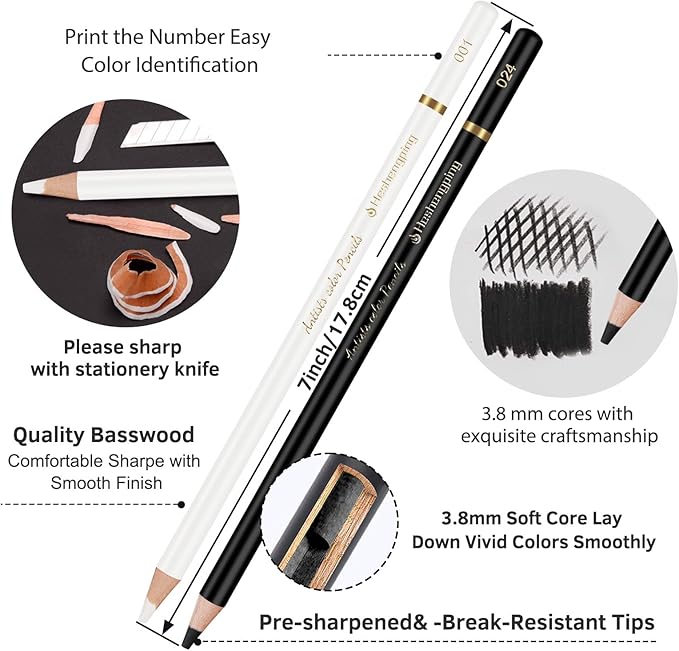 Heshengping 6 Black 6 White oil color pencils coloring drawing pencil oil-based wooden colored pencils for artists beginners artists, 12 pack