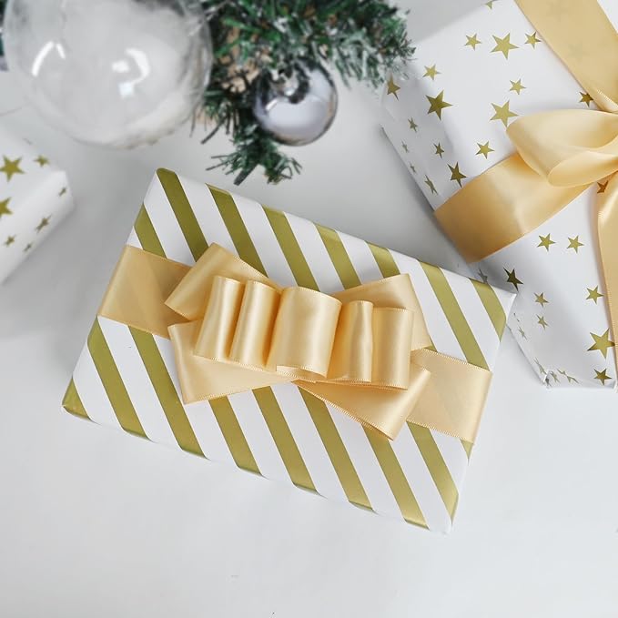 Double Face Champagne Gold Satin Ribbon 1-1/2 inch X 50 Yards Polyester Champagne Gold Ribbon for Gift Wrapping Very Suitable for Weddings Party Hair Bow Invitation Decorations and More