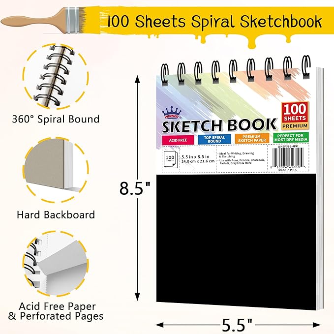 WINNER 5.5" x 8.5" Sketch Book, 4-Pack 400 Sheets Spiral Bound Art Sketchbook, 68lb/100gsm White Acid Free Drawing Pad, Sketching Drawing Writing Sketch Pad for Kids, Adults, Teens, Girls & Boys