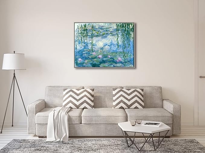 Wieco Art Large Framed Wall Art Water Lilies by Claude Monet Canvas Print Paintings Reproduction Modern Canvas Wall Art for Living Room Decoration Abstract Artwork Silver Frame