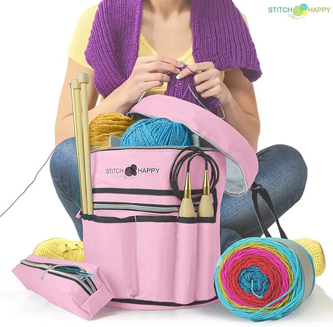 Designer Stitch Happy Knitting Starter Kit: 20 Piece Knitting Kit for Beginners & 7 Pocket Yarn Bag, Signature Yarn Storage - Pink
