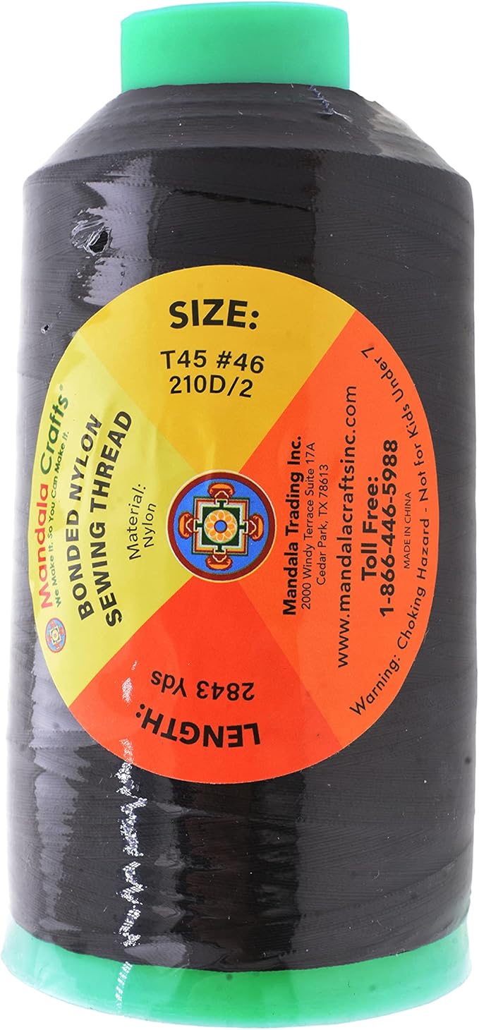 Mandala Crafts Size 46 210D T45 Bonded Nylon Thread - Black 2843 YDs Tex 45 Heavy Duty Sewing Threads for Leather, Jeans, Weaving, Outdoor Marine Upholstery