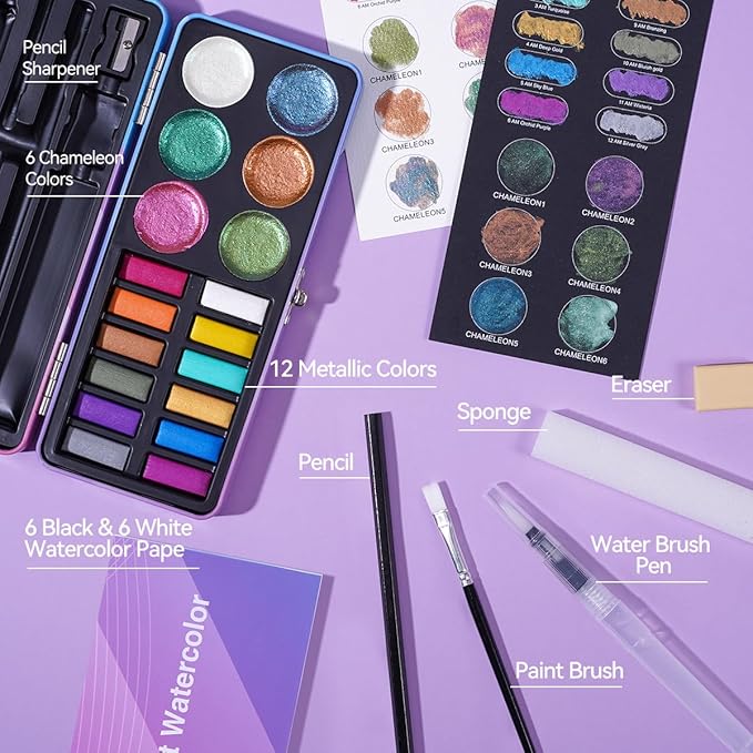 Watercolor Paint Set,18 Colors Glitter Watercolor Paint(12 Metallic Colors and 6 Chameleon Colors),Portable Travel Watercolor Set with Water Brush Pen,Pencil,Eraser,Watercolor Paper,for Adult Beginner