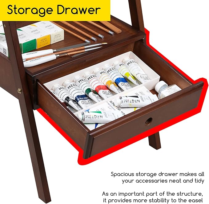 MEEDEN Studio H-Frame Easel with Art Supply Storage Drawer - Adjustable (60"~75") Solid Beech Wood Easel Stand for Artists, Students and Adults, Holds Canvas Art up to 36" - Walnut