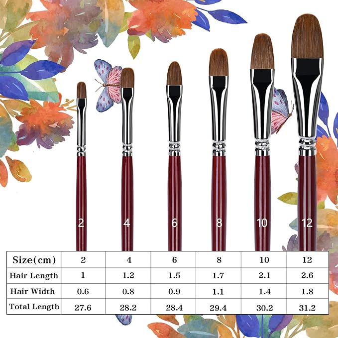 Golden Maple Filbert Paint Brushes Set, 6PC Red Sable Oval Paint Brushes Long Handle Artist Brush for Watercolor, Acrylic, Tempera and Gouache Painting