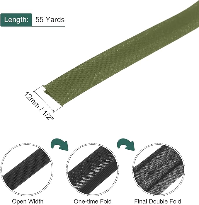 MECCANIXITY 1/2 Inch Double Fold Bias Tape Polyester Continuous Bulk Bias Tape for Sewing,Seaming Quilting Hemming Binding Crafts (Dark Green 55 Yards)