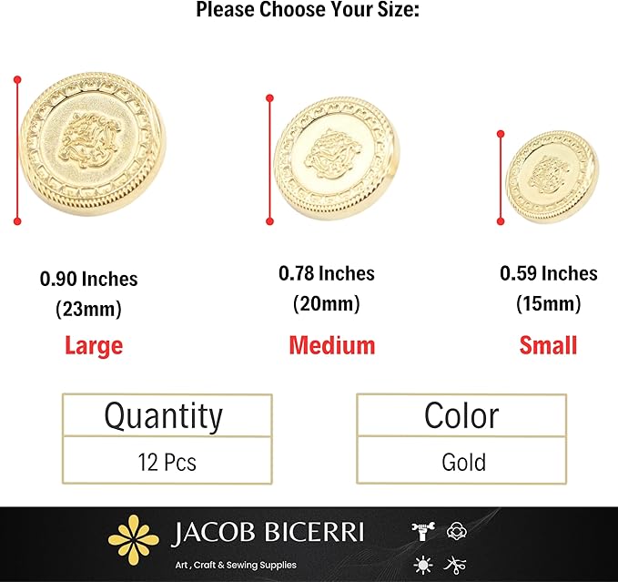 Gold Metal Shank Buttons - 12 Pcs - 3 Size Options - Floral Round Metal Shank Buttons for Men Women Blazer Coat Uniform Shirt Suit and Jacket Sewing Craft DIY N4901