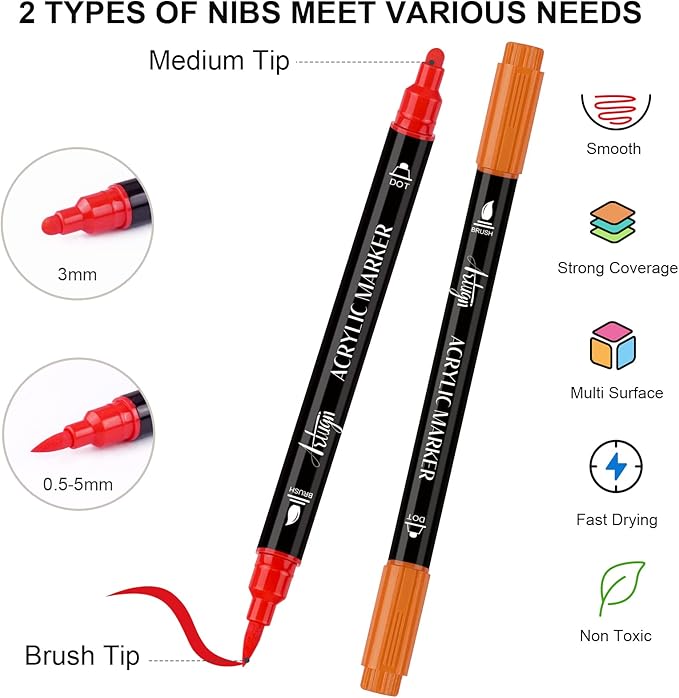 36 Colors Acrylic Paint Pens, Dual Tip Pens With Medium Brush Tip, Paint Markers for Rock Painting, Ceramic, Wood, Plastic, Calligraphy, Scrapbooking, Brush Lettering, Card Making, DIY Crafts
