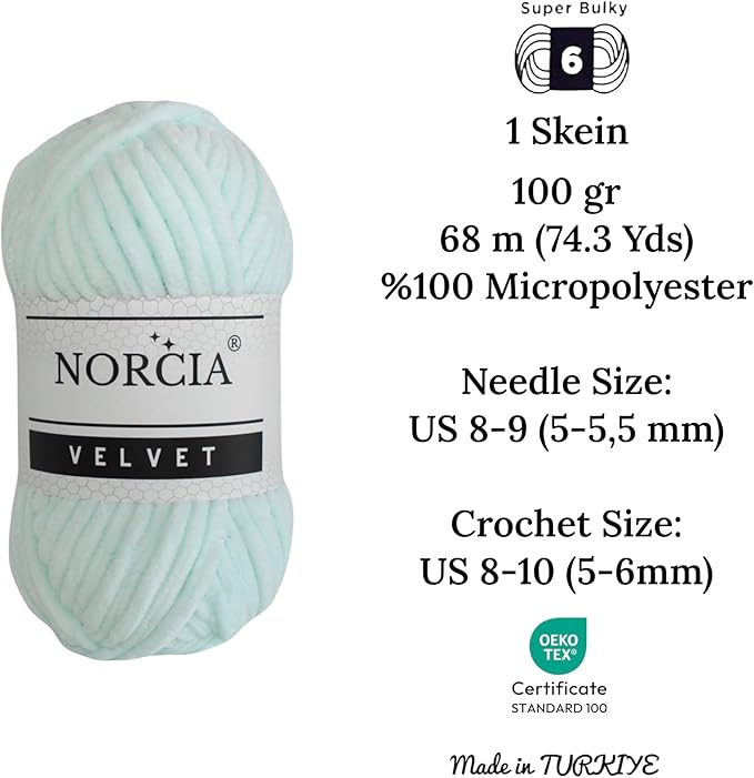 Soft Velvet Yarn Chenille Yarn for Crocheting Super Bulky 100g (74.3 yds) Baby Blanket Yarn for Knitting Amigurumi Yarn for Crochet Weaving Craft (Mint, 1 Skein)