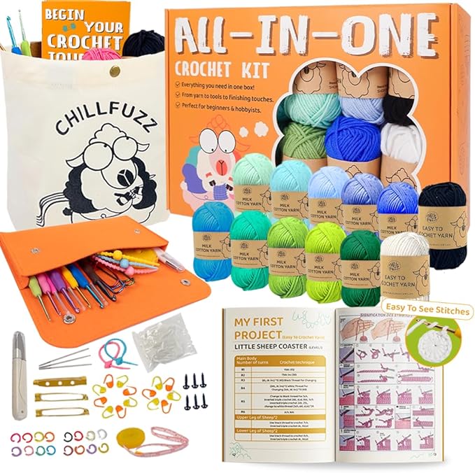 ChillFuzz Crochet Kit for Beginners 85 Piece Complete Crochet Set with Yarn, Hooks, Pattern Book – Beginner Crochet Kit for Adults & Kids with Tutorials, Great Gift for Craft Lovers Blue Green