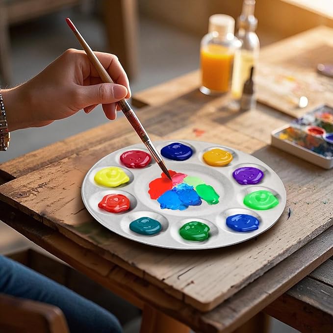 10 Pack Paint Tray Palettes, 6.7" Metal Paint Mixing Pallets, 10-Well Painting Palette, Washable Round Paint Holder Tray for DIY Craft Professional Watercolor Oil Art Painting Project, Silver