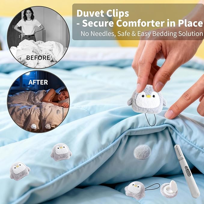 8 Pcs Duvet Clips with Pins Quilt Fixer,Non-Slip Duvet Cover Clips,Duvet Clips to Hold Comforter Inside,No Needles，Penguin Pattern(Inc Hook Tool,Storage Box)(Gray)
