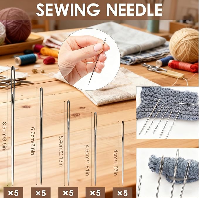 74Pcs Sewing Tool Set, Big Eye Steel Sewing Needle Kit, Threader and Needle Repair Kit Stainless Steel Needles for Hand Sewing with Thread Ripper Needle Threaders Threads and Thimbles Sewing Tool Set