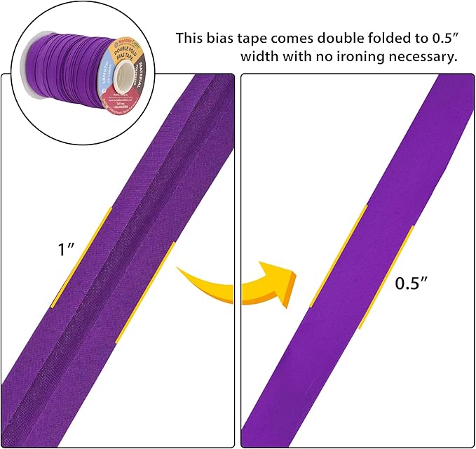 Mandala Crafts 55 Yards 1/2 Inch Purple Double Fold Bias Tape for Sewing - Bias Binding Tape for Quilting Binding, Hemming, Seam, and Fabric Piping