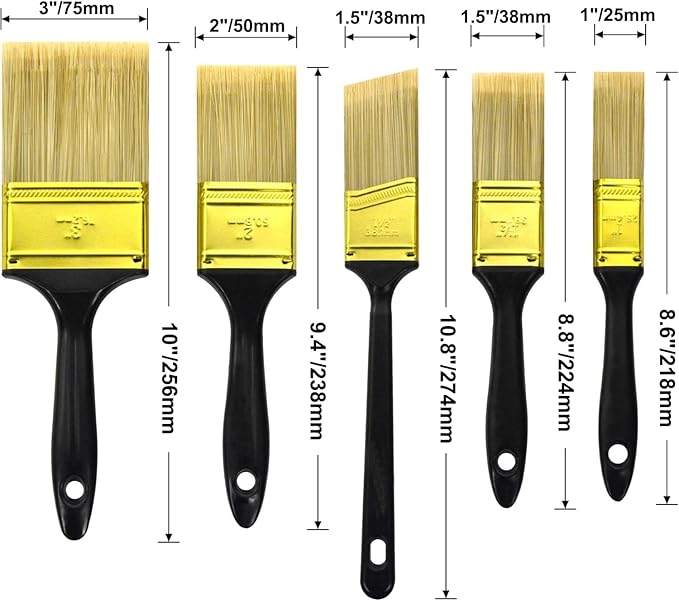 Great Andrew Paint Brushes, 5 Pack Great Value Multi use(3" 2" 1.5" 1" Flat &1.5" Angled) Paint Brush Pack, Paint Brushes Set for Home Furniture Fences Wall Trim