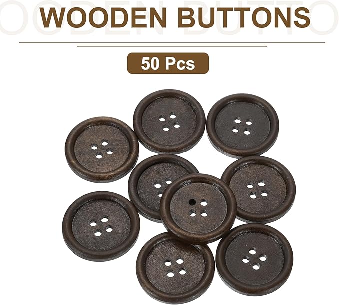 uxcell 50Pcs Wooden Buttons, 35mm(1 3/8") 4 Hole Round Wood Sewing Button Craft Flatback for Sewing DIY Craft Clothing, Dark Brown