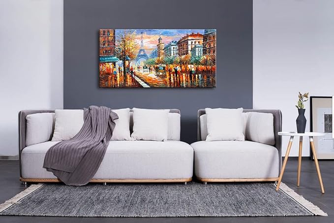 Alenoss Modern Oil Paintings 48x24 Inches Paris Eiffel Tower Landscape Large Canvas Wall Art Abstract Paintings for Living Room Bedroom Office Wall Decor Ready to Hang