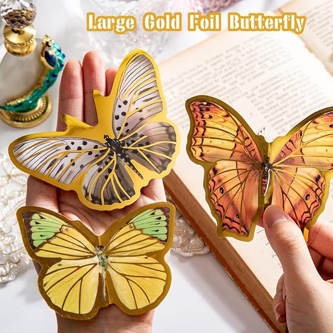 80-Piece Large Vintage Gold Foil Butterfly Scrapbook Sticker Pack - Transparent Waterproof Realistic Butterfly Stickers for Art Crafts, Journals, Planners, Scrapbooks, Laptops