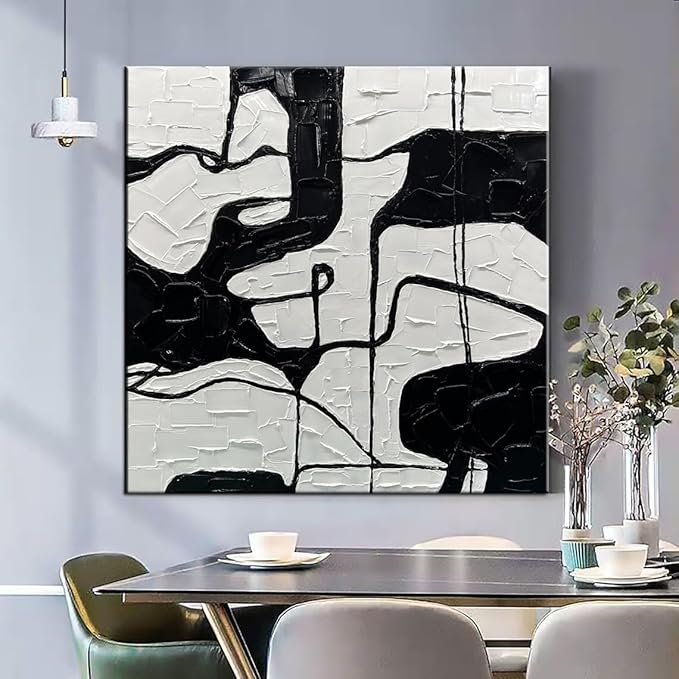 YaSheng Art - Black and White Canvas Wall Art, Hand-Painted 3D Thick Texture Minimalism Abstract Artwork, Oil Painting for Living Room and Office, Ready to Hang, 30x30 Inch