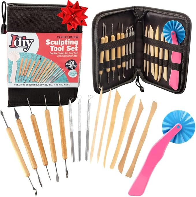 Pottery Tool Starter Kit- 15-Piece 26-Tool Beginner's Clay Ceramics Modeling Carving Sculpting Set- Arts & Crafts School Project, w Carrying Case, Birthday Gift for Kids, Holiday Gift Set for Artists
