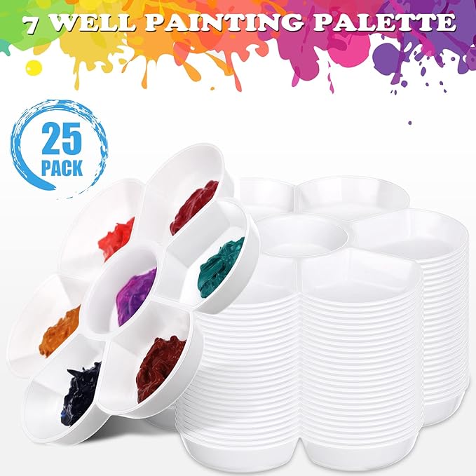 25 Pcs Paint Pallet with 7 Wells Plastic Paint Tray Flower Watercolor Palette for Mixing Color Kids Adults Craft Gouache Oil DIY Art Easy to Clean, White
