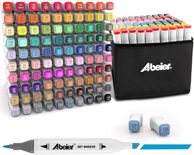 ABEIER 100 Colors Alcohol Markers Set, Dual Tips Blender Art Marker for Drawing, Permanent Sketch Markers for adult coloring, Alcohol Based, Adults Coloring and Artist Illustration.(BRUSH TIP)