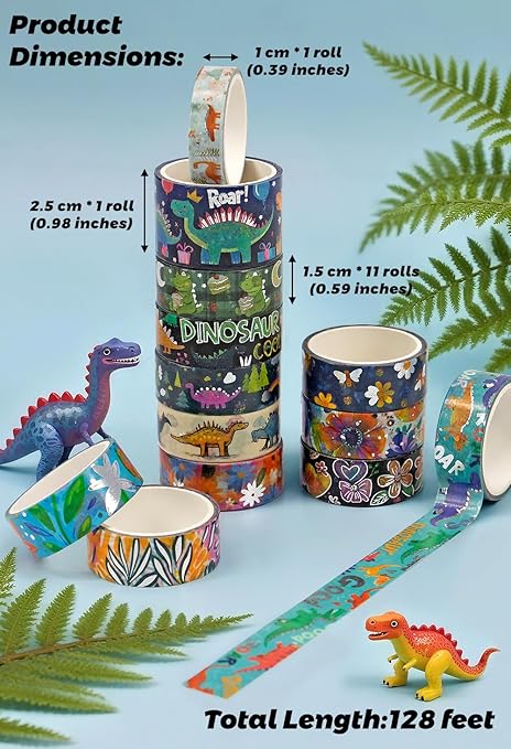 Dinosaur Washi Tape Set, 13 Rolls Silver Foil Cute Washi Tapes, Kawaii Floral Decorative Masking Tape for Journaling Supplies, Scrapbooking, Bullet Journal, Planner Decoration, DIY Crafts