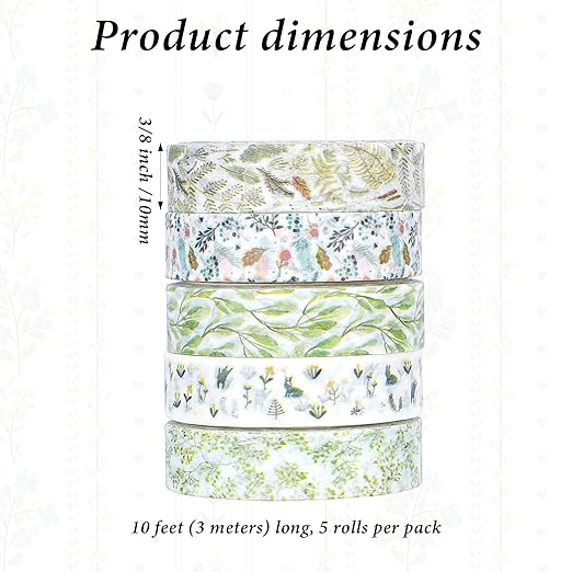 5 Rolls Cute Washi Tape, Green Floral Tape Creative Greens Thrive Decorative Tapes Skinny Slim Masking Tapes for Arts, DIY Crafts, Bullet Journals, Planners, Scrapbooking, Wrapping