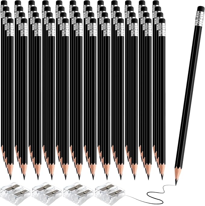 48 PCS Black Checking Pencils Erasable Colored Pencils with Eraser Pre-Sharpened 2 HB for Checking, Grading, Tests & Office/School Supplies (Black)