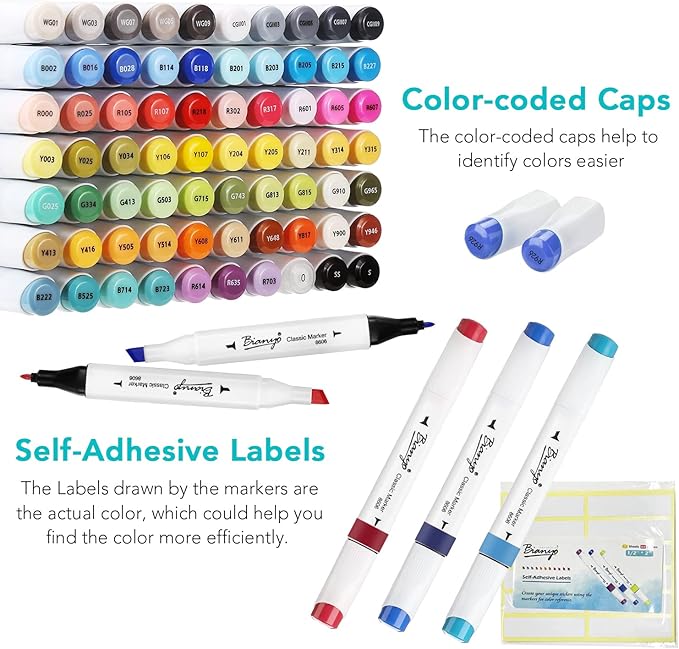 Bianyo 72 Colors Alcohol Markers, Dual Tip Fine & Chisel Art Markers with Blue Carry Case for Adult Coloring Books, Illustration, Blending, Sketching & Drawing