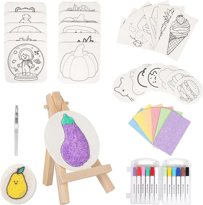 Crystalberry 45 Pcs Magic Foam Texture Painting Kit, Including 30 Pcs Foam Texture Papers, 12 Colorful Pens, 2 Soft-tip Water Pens, 1 Small Easel, for Creative DIY Arts, Crafts and Family Activities