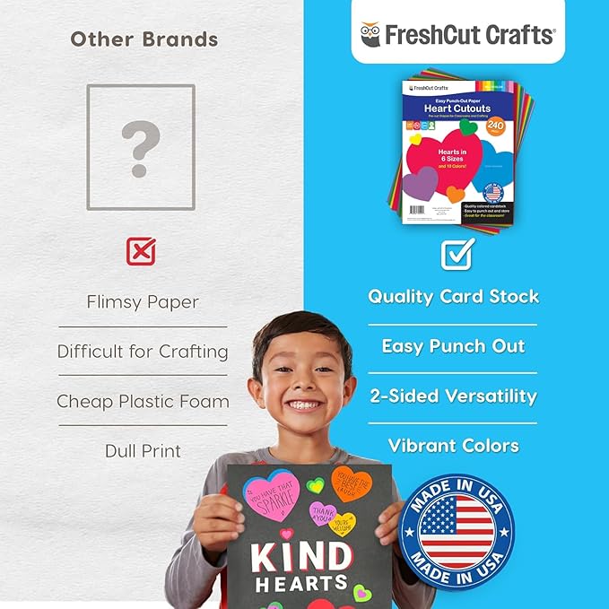 FreshCut Crafts 240 Pieces Heart Paper Cutouts, 2-Sided US Made Card Stock Punch Out Multicolor Hearts for Valentine’s Day Crafts, Bulletin Boards, Classroom Decor, and Posters 10 Vibrant Colors