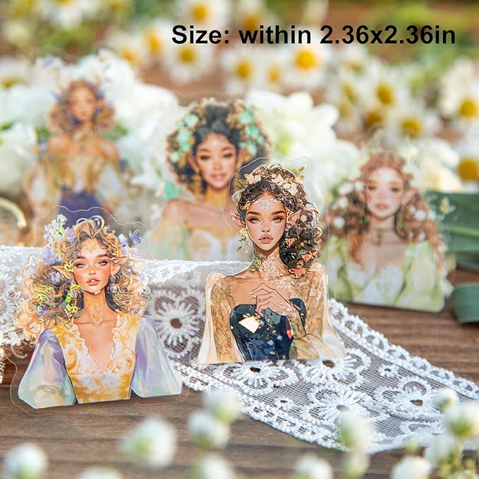 Spring Flower Girls PET Stickers Set, 60Pcs Fairy Character Stickers with Holographic Effect for Journaling, Scrapbooking, and DIY Crafts