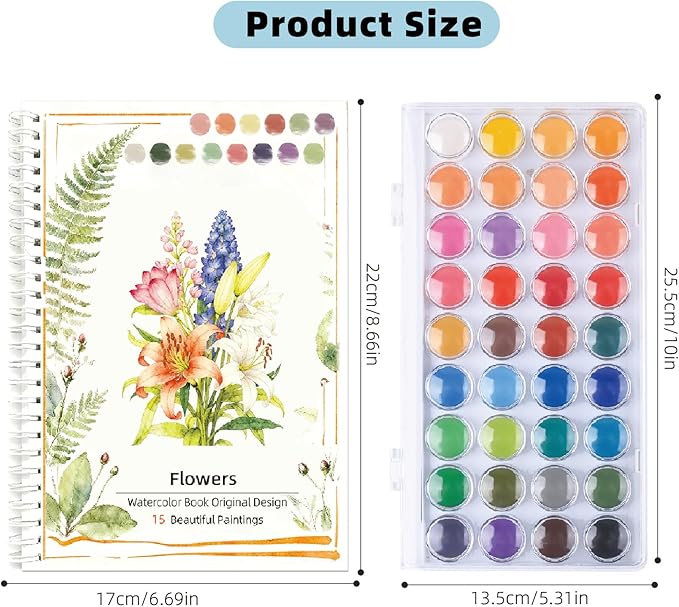 Watercolor Workbook,36 Colors Water Coloring Book, Watercolor Paint Set Portable with 2 Paint Brush,15 Beautiful Paintings for Beginners