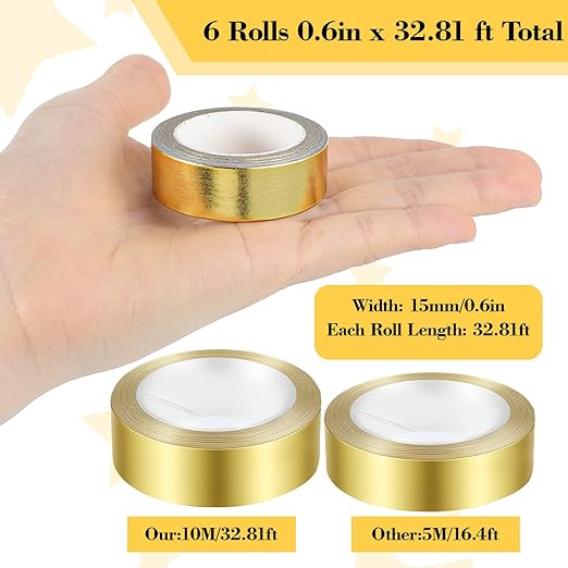 6rolls Washi Tape Gold, Gold Foil Tape Metallic, Adhesive Gold Tapes for Tv Frame, Gold Foil Washi Tapes for Wall Mirror Decor Crafts Christmas Gift Wrapping (10m/roll)