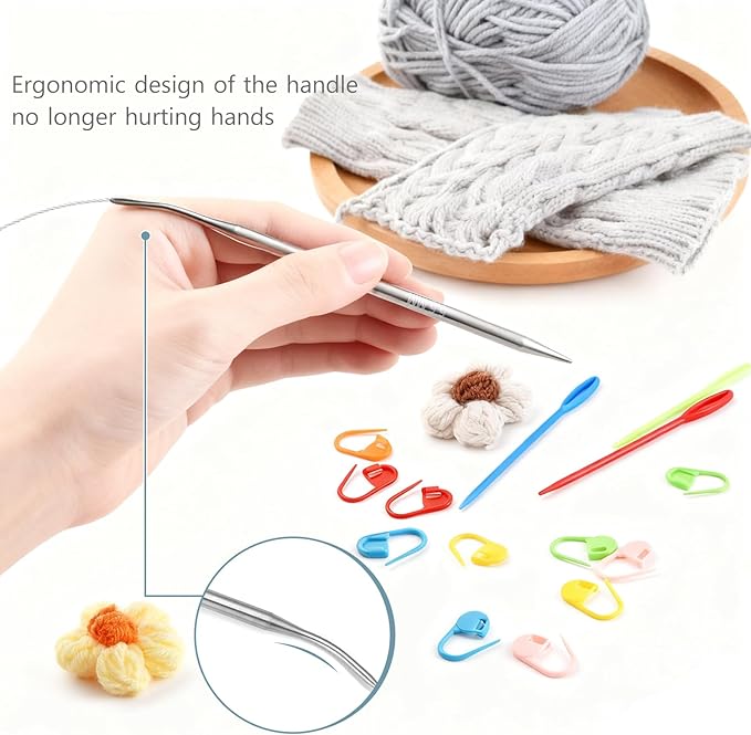 Circular Knitting Needles Set,9 Pack Stainless Steel Knitting Needles Kit (24 Inch/60cm),Round Short Metal,9 Sizes from 2mm-6mm,with Small Tools for Beginners,Making Sock,Doll Clothes,Weave DIY Lover
