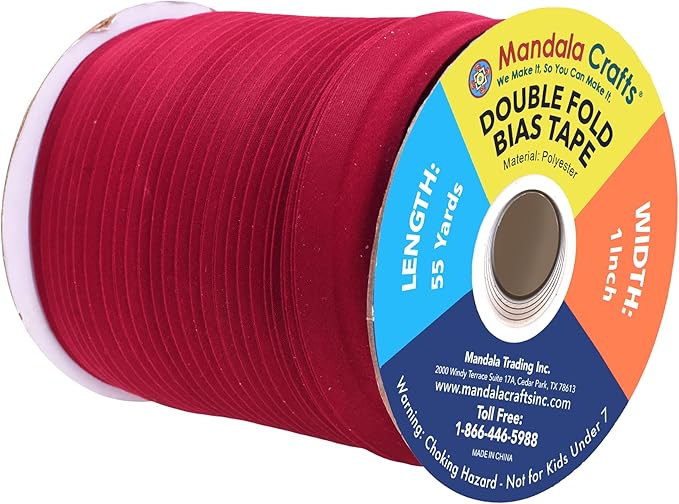 Mandala Crafts 55 Yards 1 Inch Burgundy Double Fold Bias Tape for Sewing - Bias Binding Tape for Quilting Binding, Hemming, Seam, and Fabric Piping